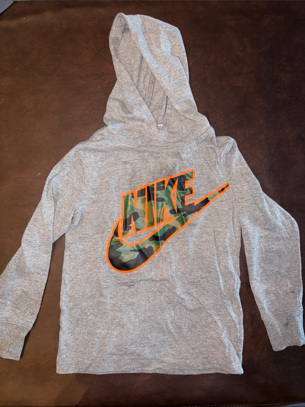 Boy’s Nike Gray Hoodie with Camo Swoosh and Orange Outline